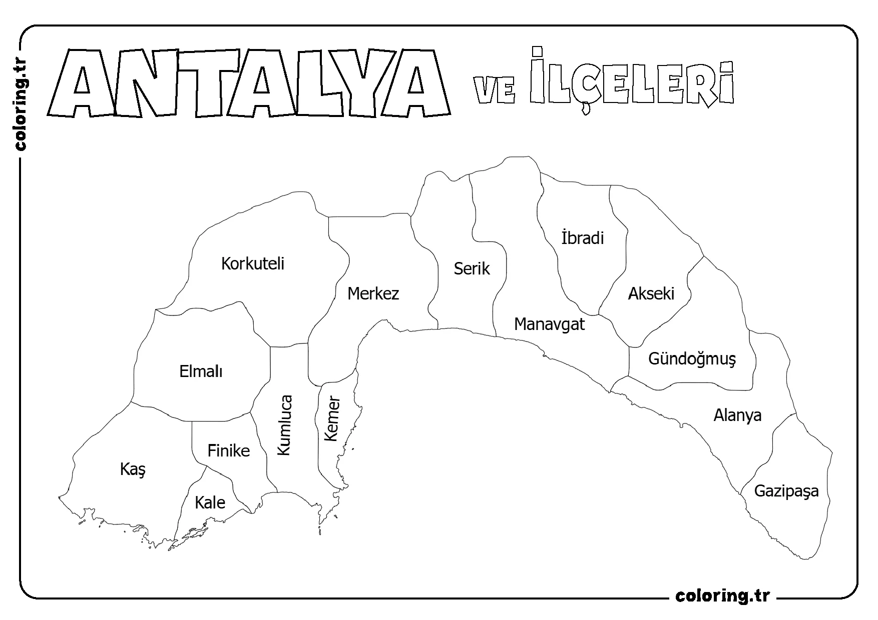 Antalya ve İlçeleri Harita Boyama Sayfası