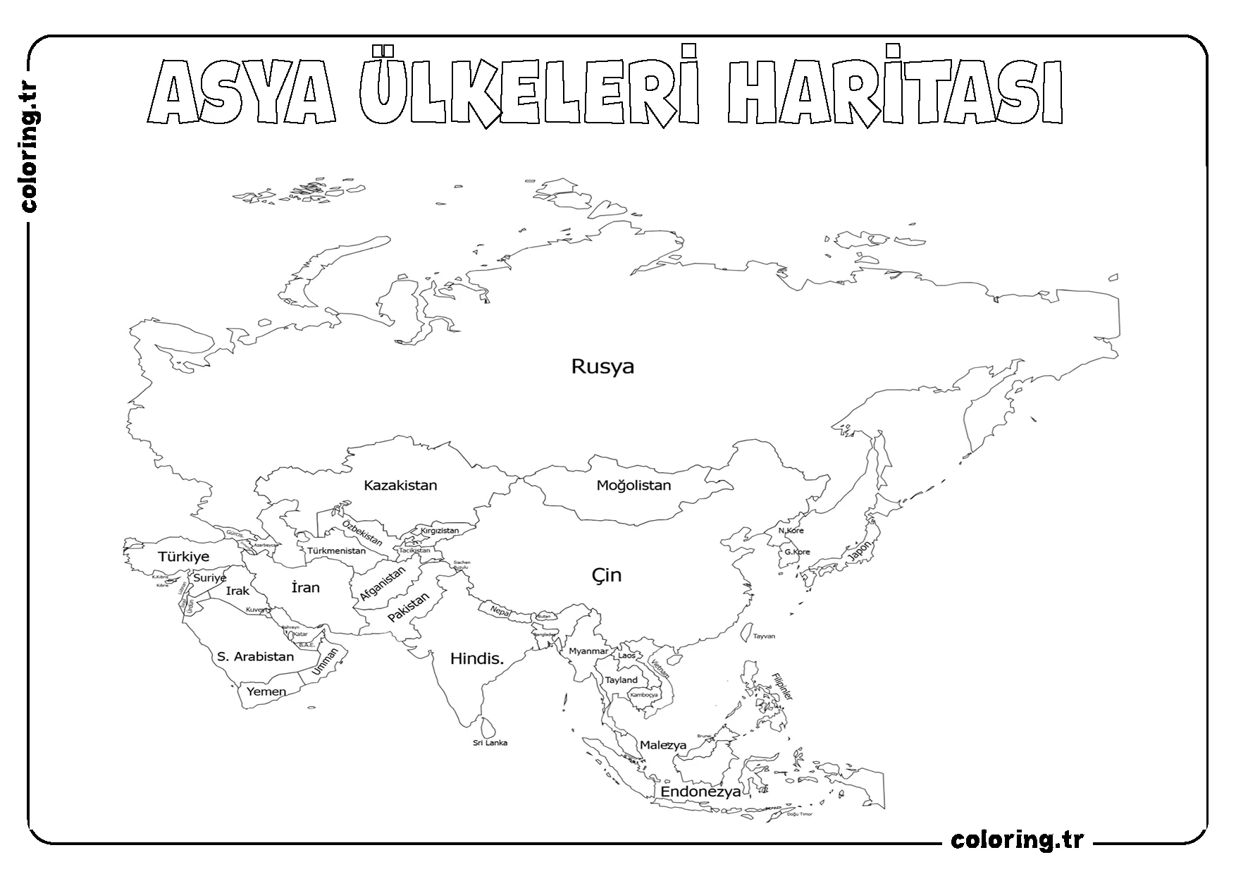 Asya Kıtası Ülkeler Haritası Boyama Sayfası