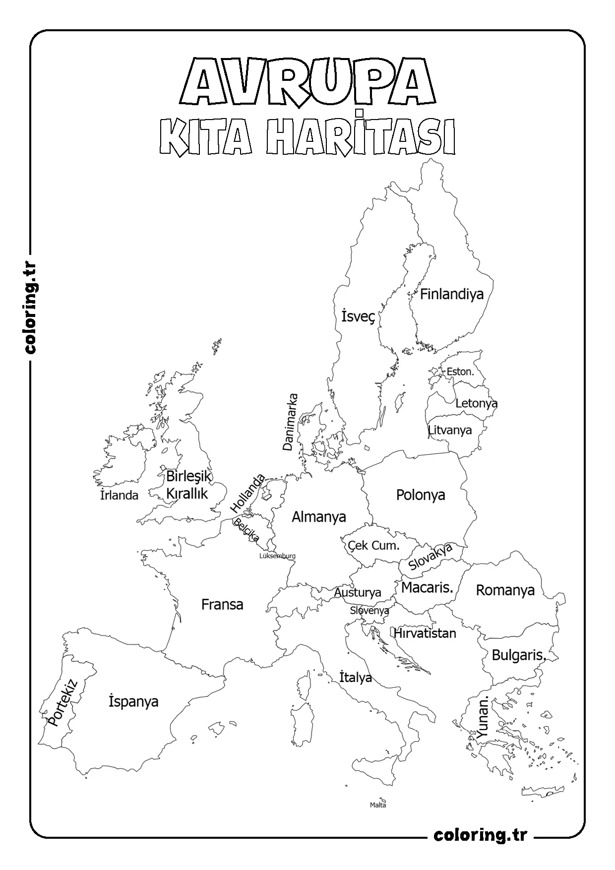 Avrupa Ülkeleri Avrupa Kıtası Harita Boyama Sayfası