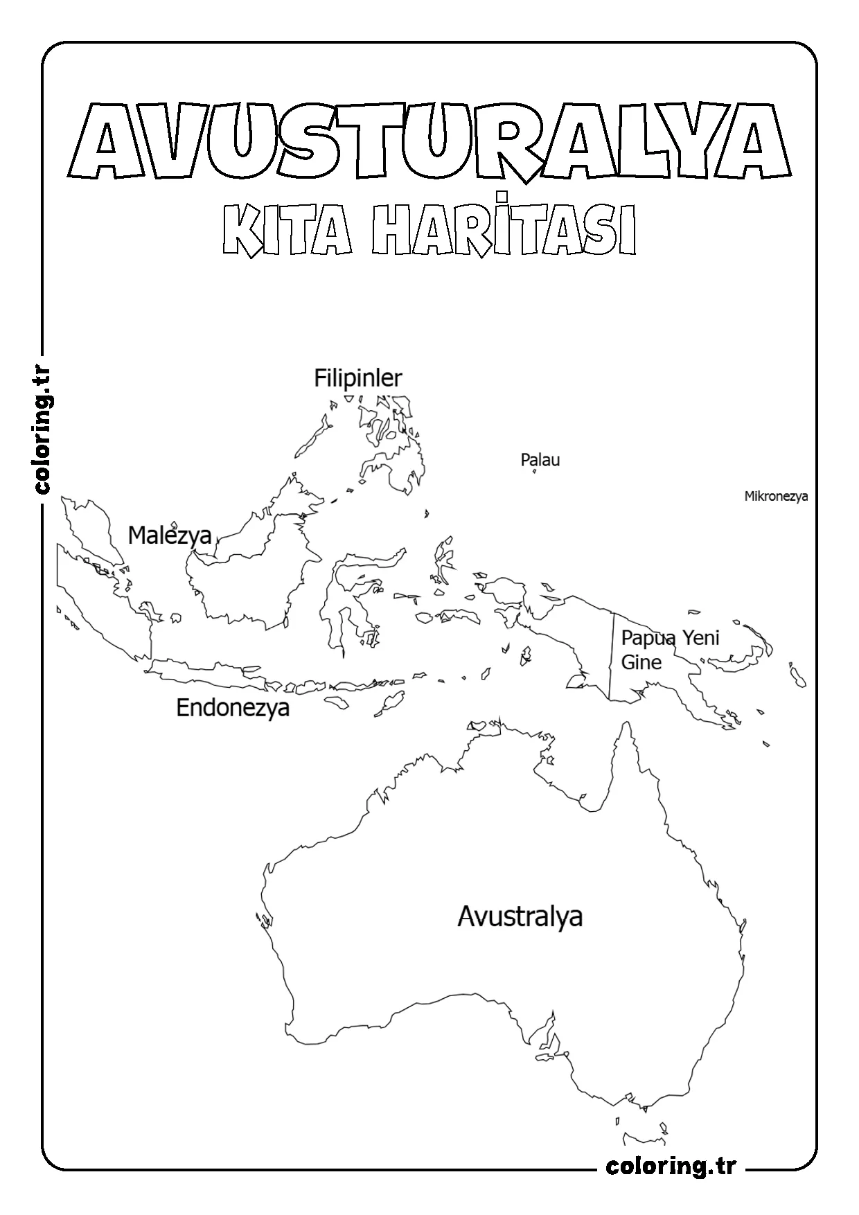 Avusturalya Kıta Haritası Boyama Sayfası