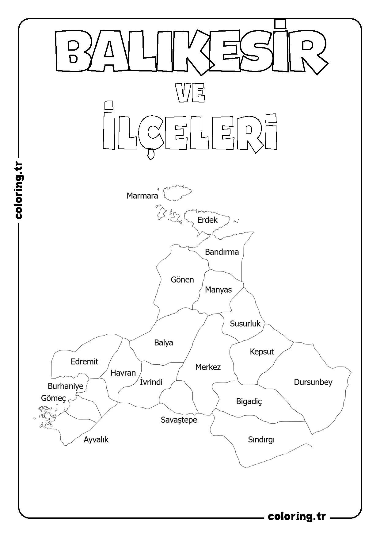 Balıkesir ve İlçeleri Harita Boyama Sayfası