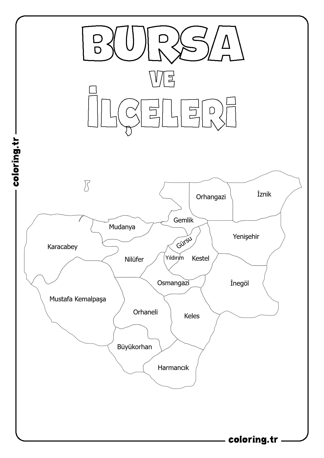 Bursa ve İlçeleri Harita Boyama Sayfası
