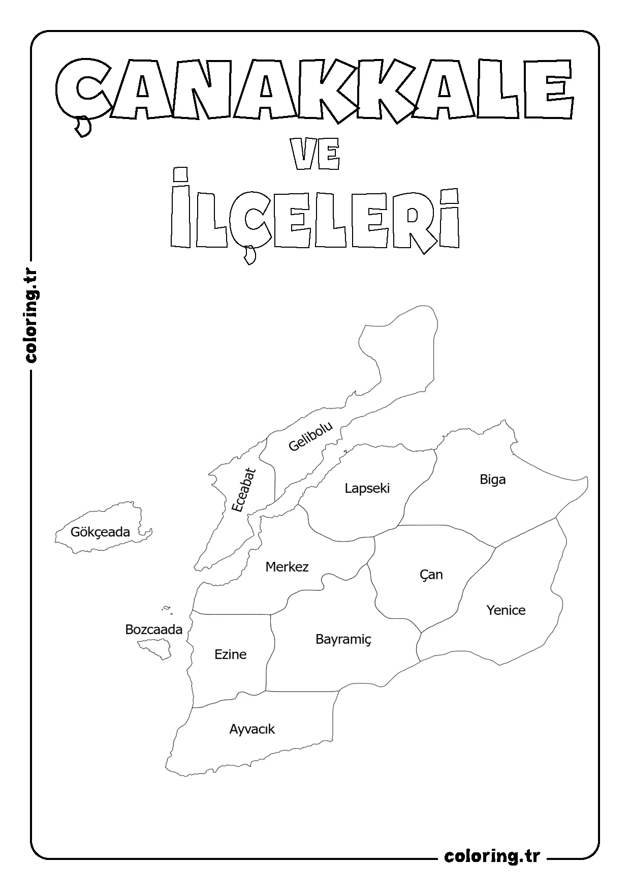 Çanakkale ve İlçeleri Harita Boyama Sayfası