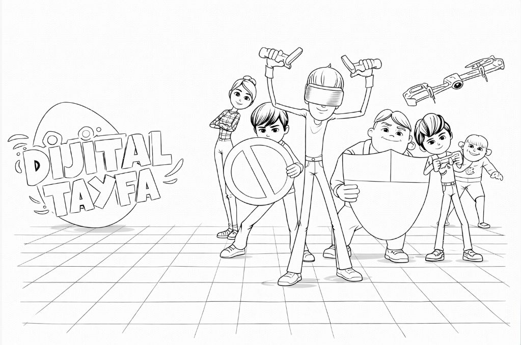 Çocuklar için Dijital Tayfa güvenli internet ve tablet boyama görseli - Digital Tayfa safe internet and tablet coloring image for kids - صورة تلوين فريق "ديجيتال طايفة" والإنترنت الآمن للأطفال