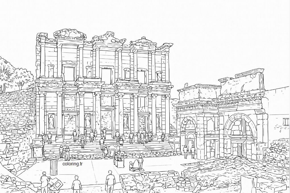 Efes Celsus Kütüphanesi detaylı mimari boyama sayfası - Ephesus Celsus Library detailed architectural coloring page - صفحة تلوين معمارية مفصلة لمكتبة سيلسوس في أفسس