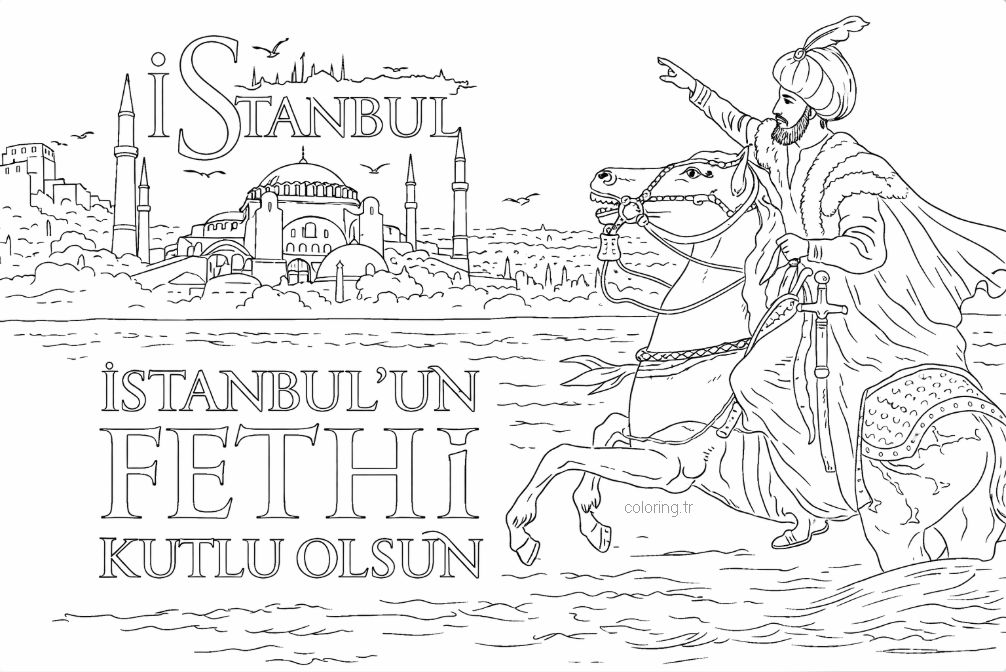 Fatih Sultan Mehmet'in İstanbul'a girişini temsil eden detaylı boyama sayfası. İstanbul'un Fethi 1453