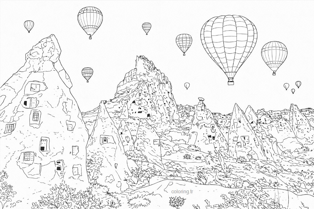 Kapadokya peri bacaları ve sıcak hava balonları genel görünüm boyama sayfası - Cappadocia fairy chimneys and hot air balloons general view coloring page - صفحة تلوين المنظر العام لمداخن الجنية ومناطيد الهواء الساخن في كابادوكيا