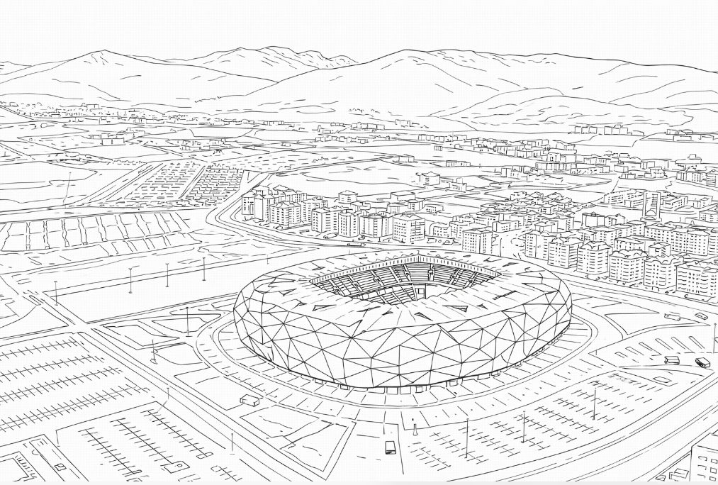 Çocuklar için yeşil-beyaz Konyaspor stadyumu dış cephe boyama - Green-white Konyaspor stadium facade coloring for kids - تلوين الواجهة الخارجية لملعب قونية سبور باللونين الأخضر والأبيض للأطفال