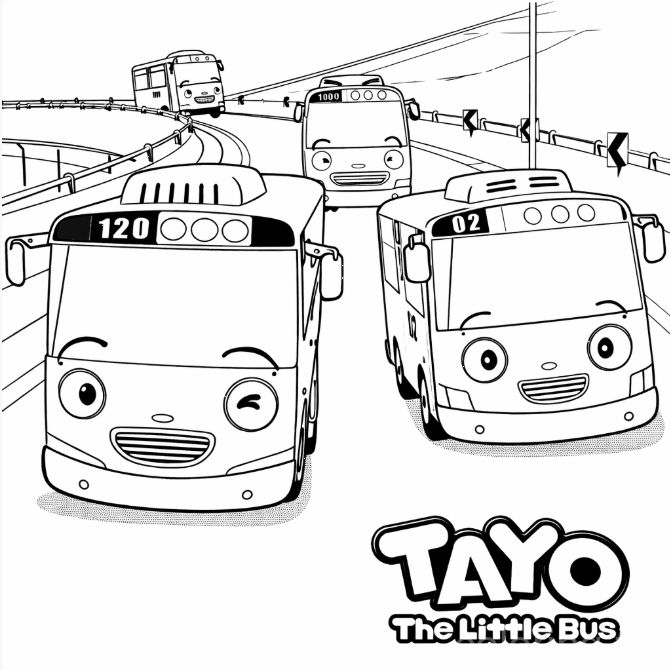 Küçük Otobüs Tayo ve arkadaşları garajda boyama sayfası - The Little Bus Tayo and friends in the garage coloring page - صفحة تلوين الحافلة الصغيرة تايو وأصدقاؤه في المرآب