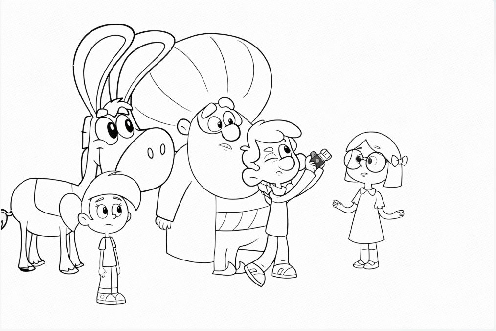 Nasreddin Hoca Zaman Yolcusu ve çocuklar boyama sayfası - Nasreddin Hodja Time Traveler and kids coloring page - صفحة تلوين نصر الدين هوجا مسافر الزمان والأطفال
