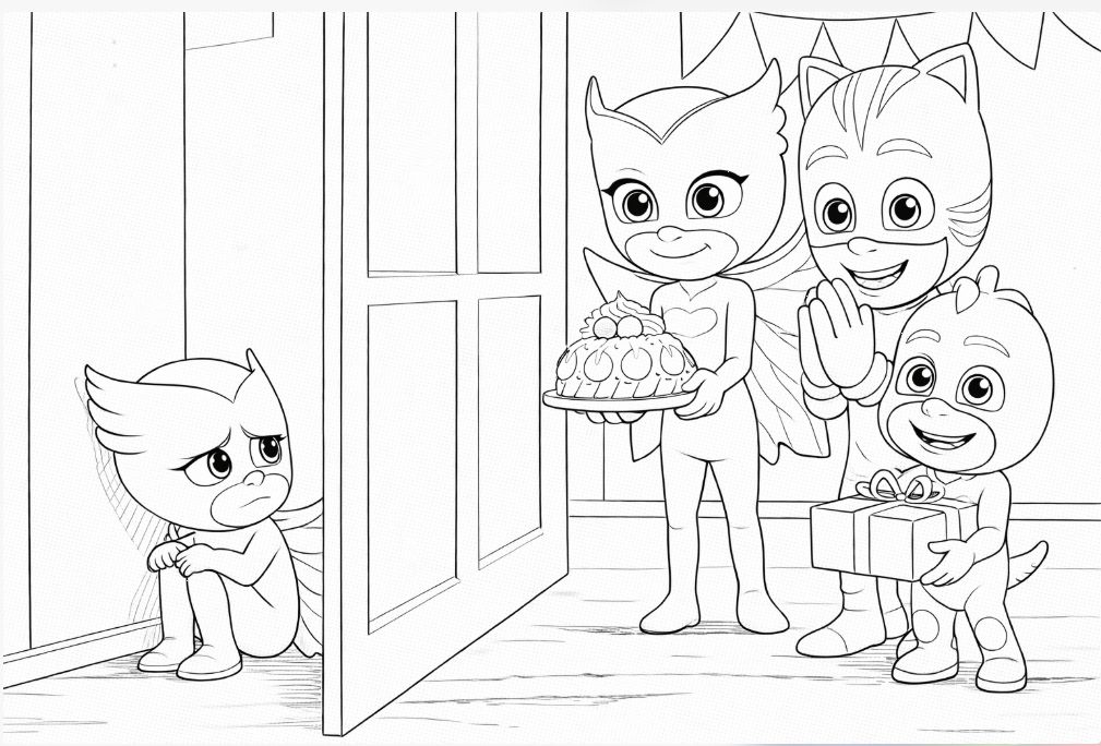 Pj Mask kahramanları Kedi Çocuk, Baykuş Kız ve Kertenkele Çocuk boyama sayfası - PJ Masks heroes Catboy, Owlette and Gekko coloring page - صفحة تلوين أبطال أقنعة بي جي: فتى القط، فتاة البومة، وفتى السحلية
