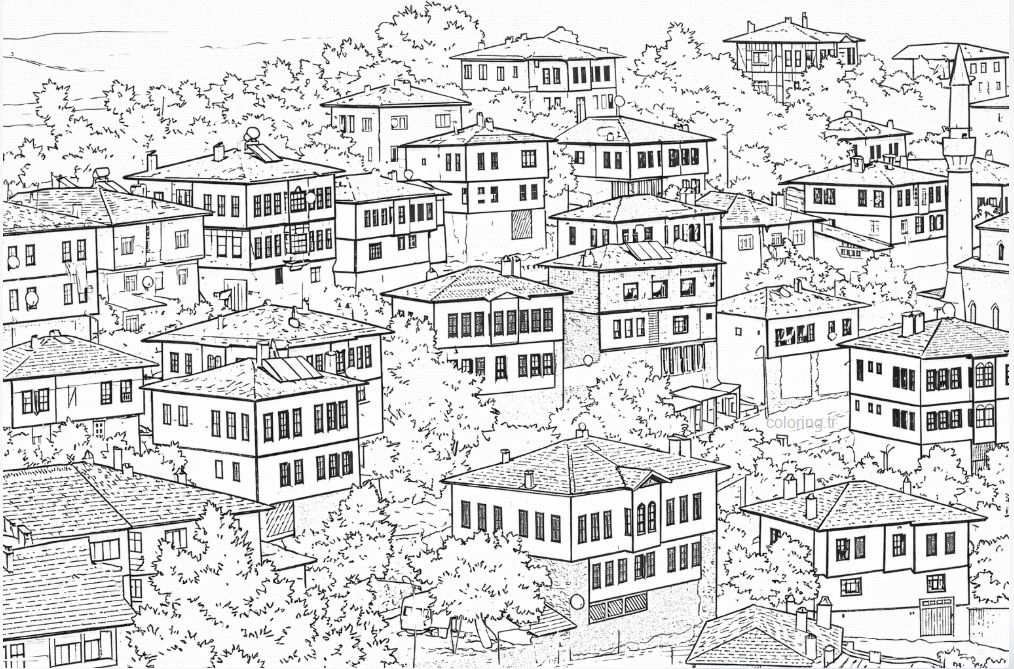 Tarihi Safranbolu Evleri genel görünüm boyama sayfası - Historic Safranbolu Houses general view coloring page - صفحة تلوين المنظر العام لبيوت سفرنبولو التاريخية