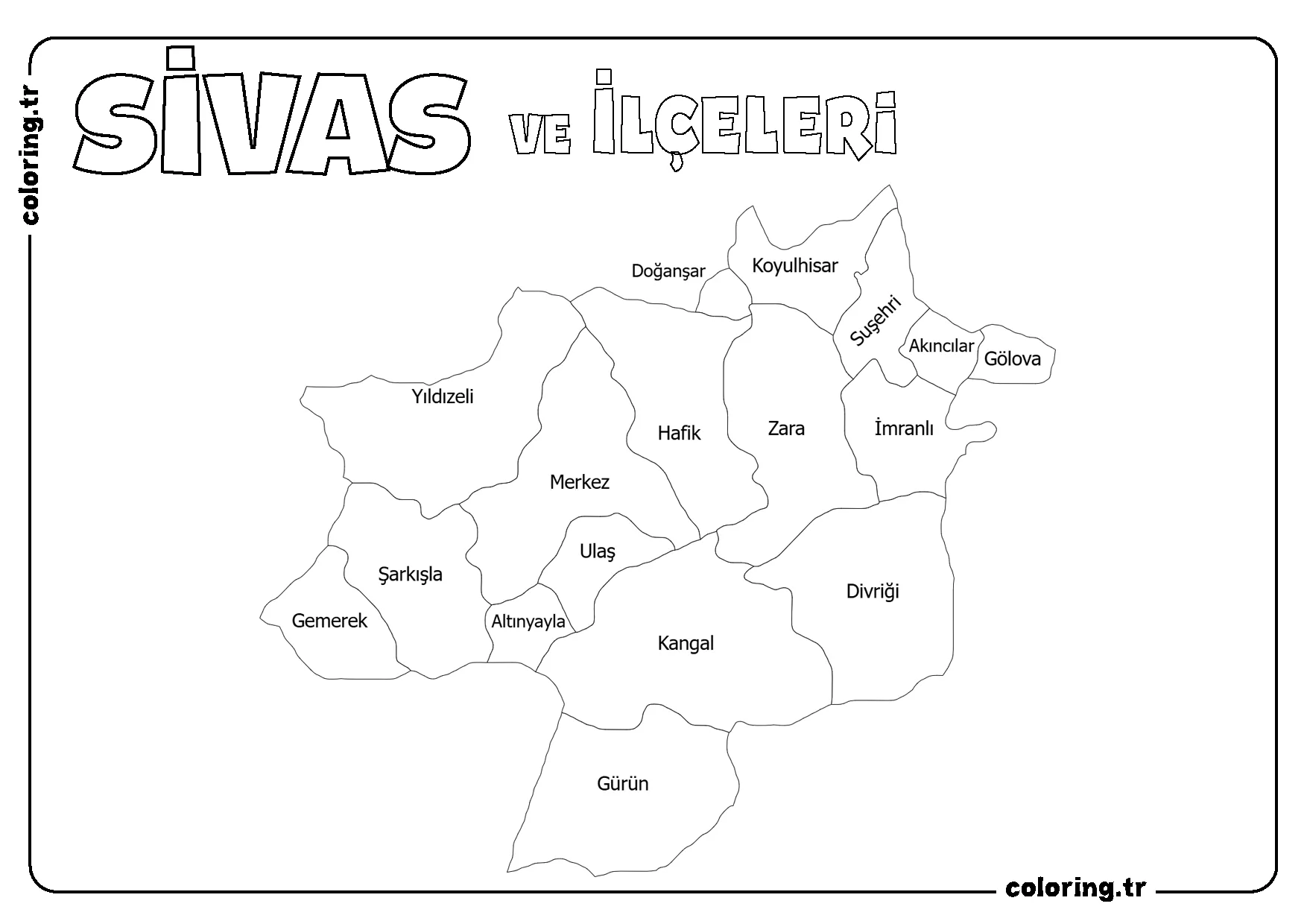 Sivas ve İlçeleri Harita Boyama Sayfası