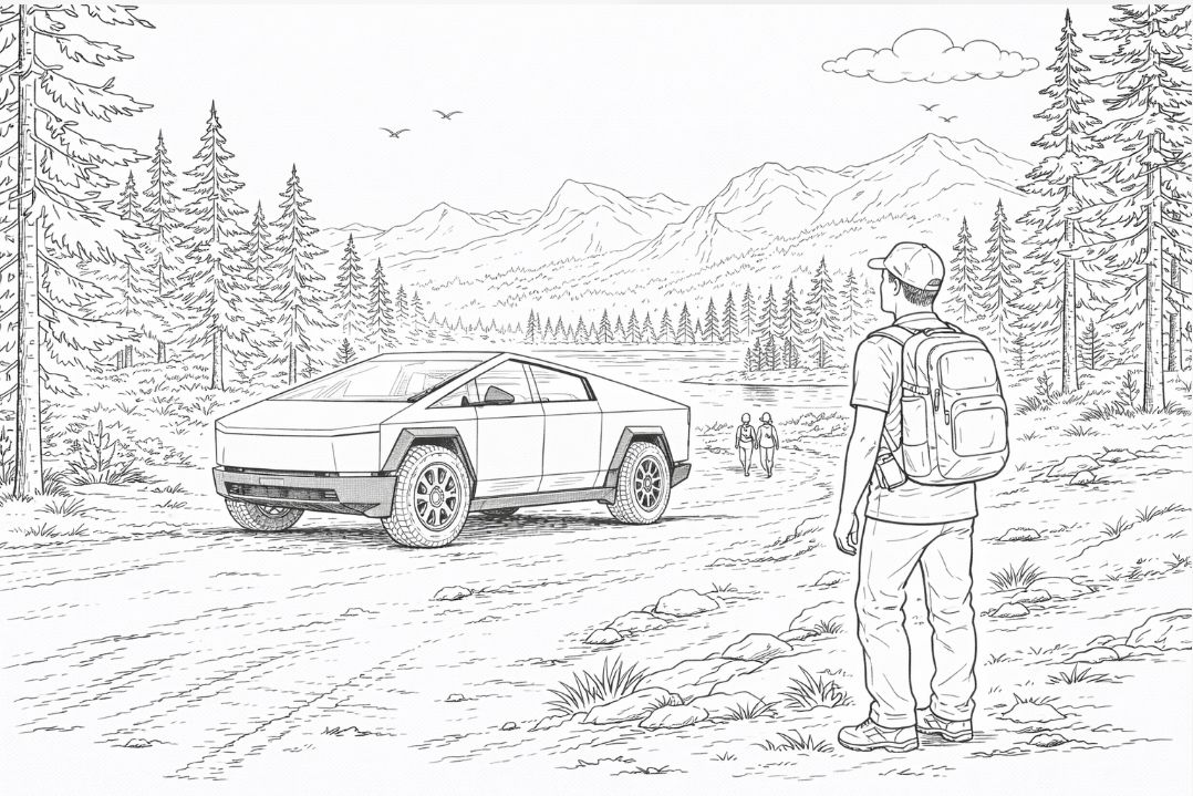 Easy and simple-lined Tesla Cybertruck drawing for preschool coloring.